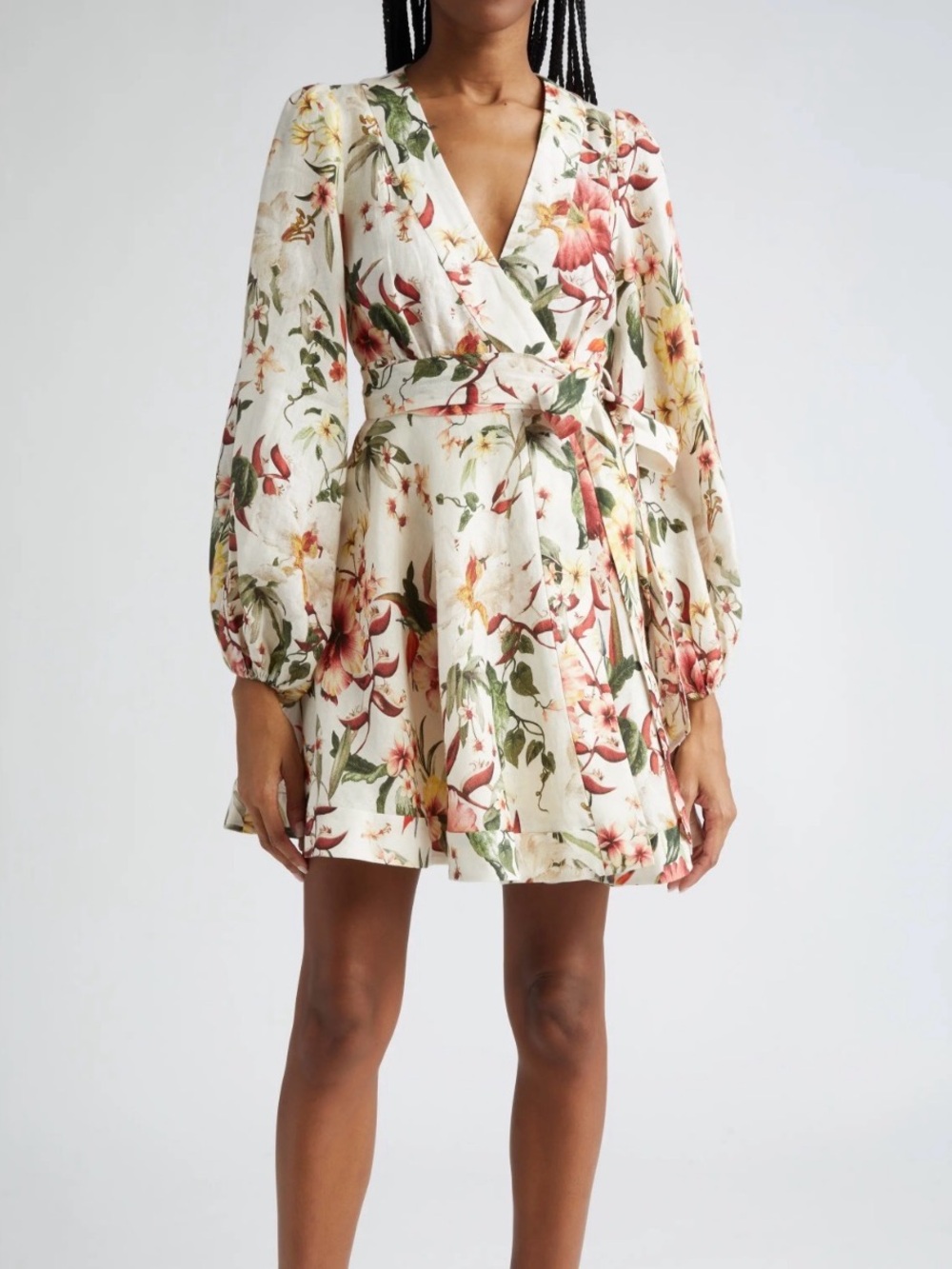 Zimmermann Ivory Floral Wrap Mini Dress with Pink & Green Accents